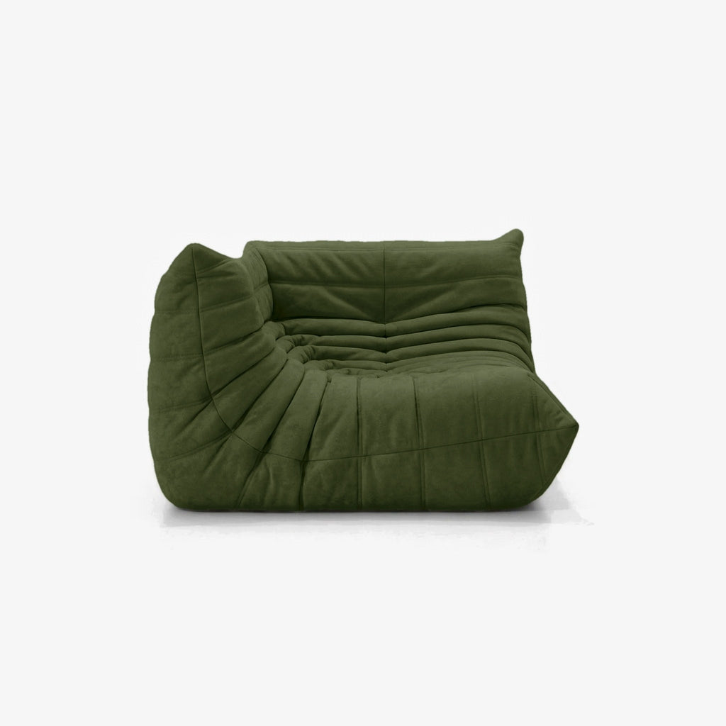 Module d'angle ANGELO effet daim Olive, vue de trois-quarts côté assise