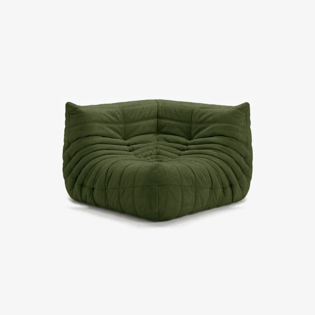 Module d'angle ANGELO effet daim Olive, vue de biais, angle de l'assise de face
