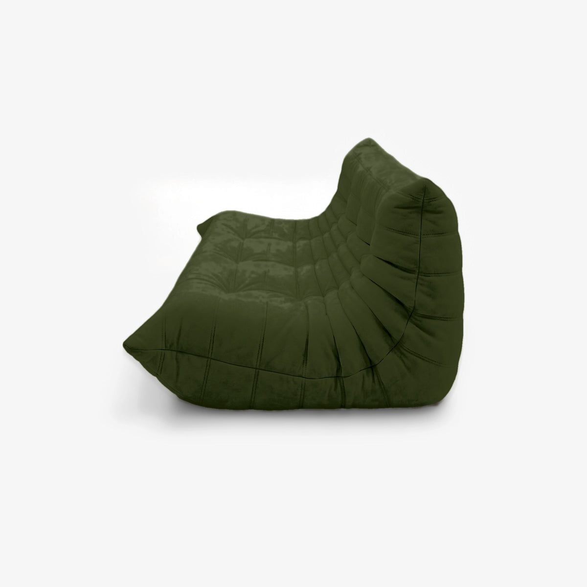 Canapé MARA effet daim Olive, vue plongeante de trois-quarts